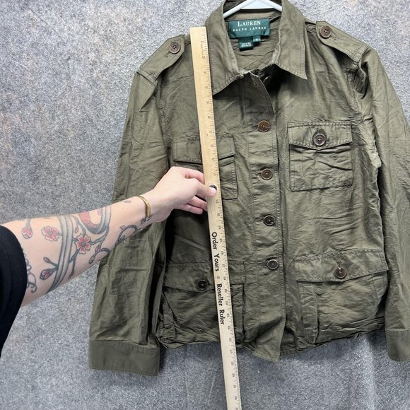 Lauren Ralph Lauren Military Jacket Womens Medium Green Silk Utility Safari - Picture 7 of 9